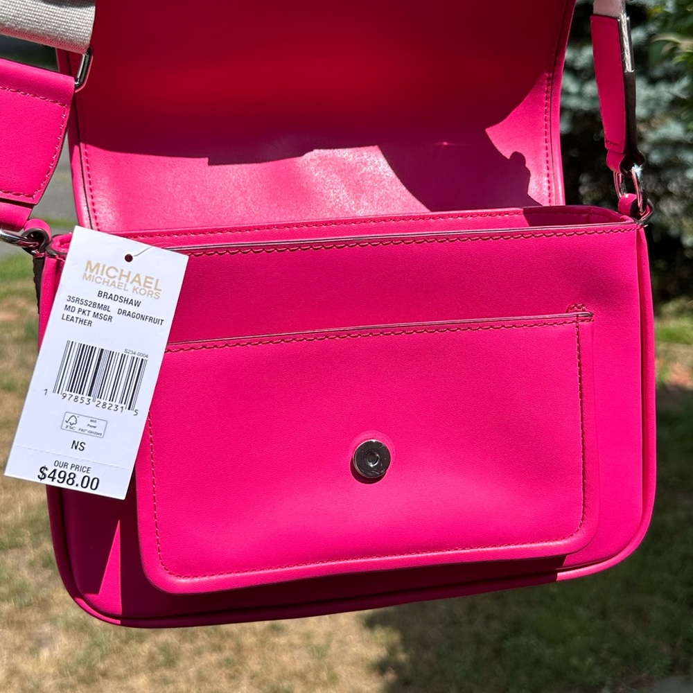 Michael Kors Bradshaw Medium Leather Messenger Bag Dragonfruit Pink NWT - Picture 9 of 13